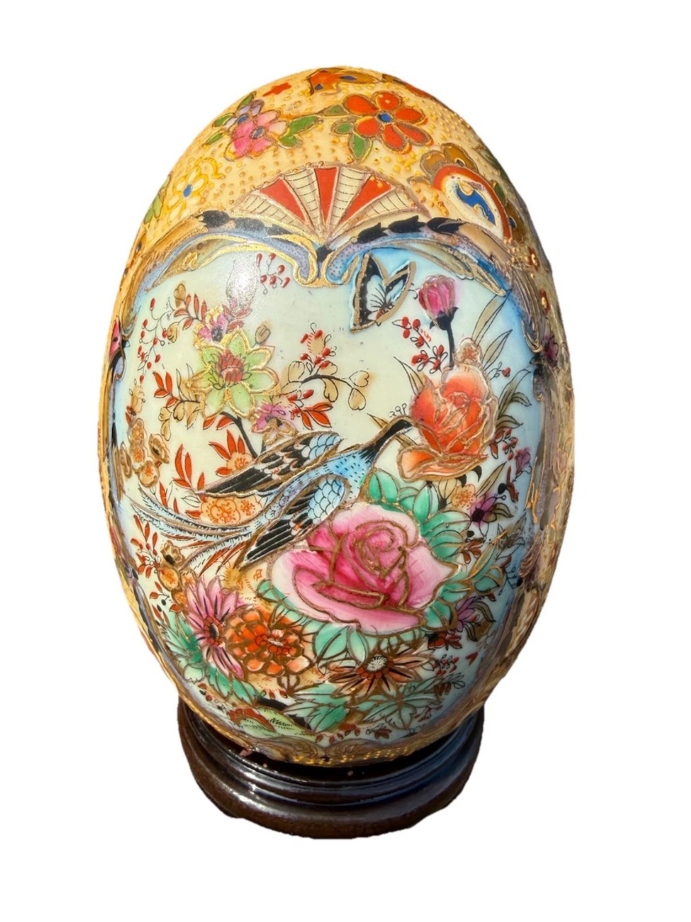 Vintage Royal Satsuma Hand-Painted Moriage Porcelain Egg with Stand Collectible